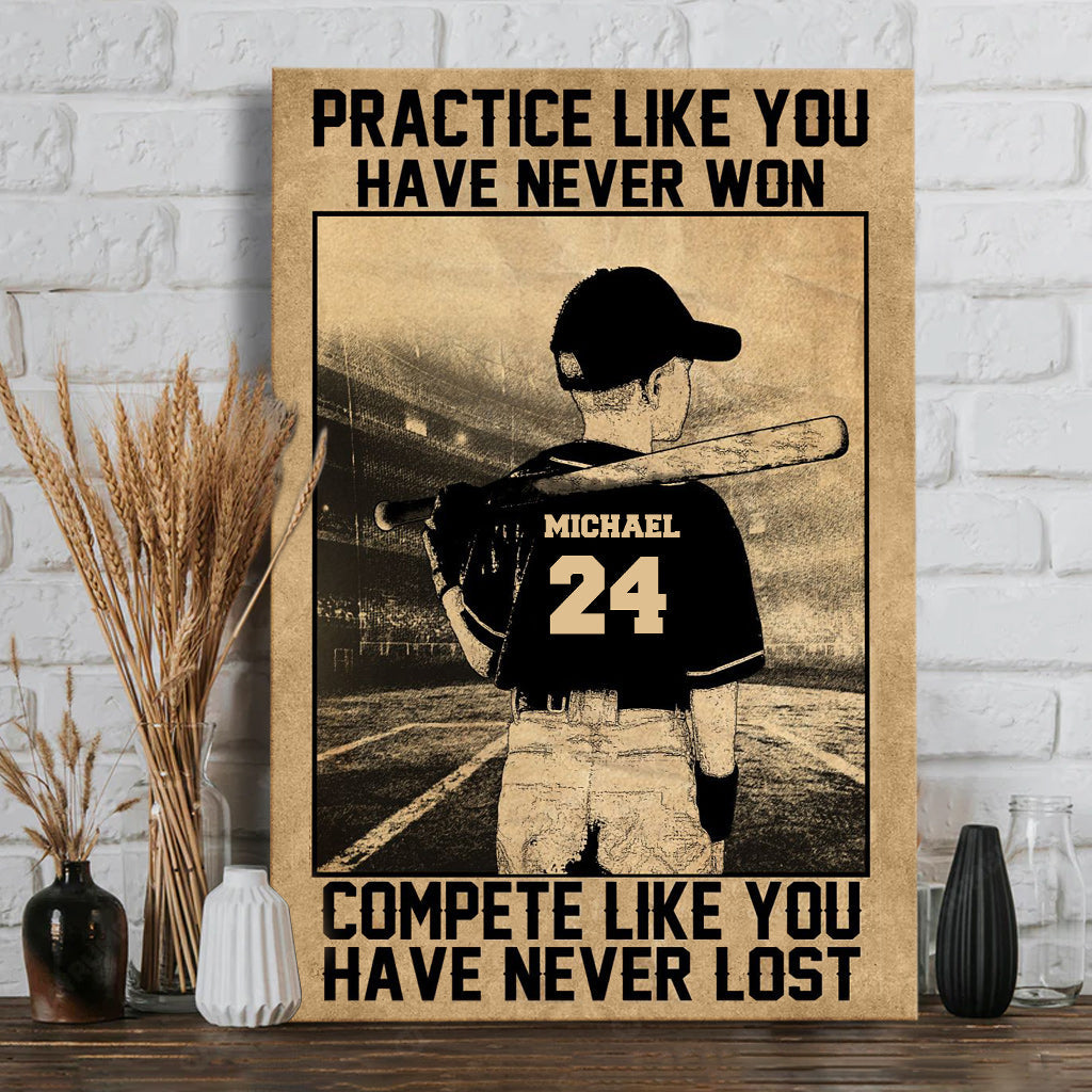 Übe, als hättest du noch nie gewonnen – Personalisierte Baseball-Leinwand und Poster