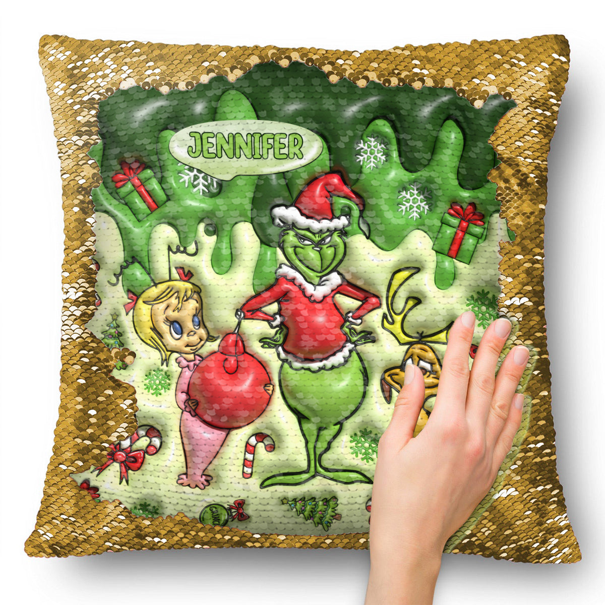 Merrry Christmas Green Mischief - Personalized Stole Christmas Sequin Pillow Cover