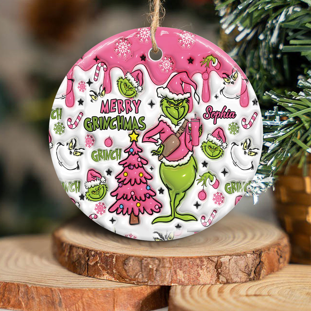 Merry Grinchmas - Personalized Stole Christmas Ceramic Circle Ornament