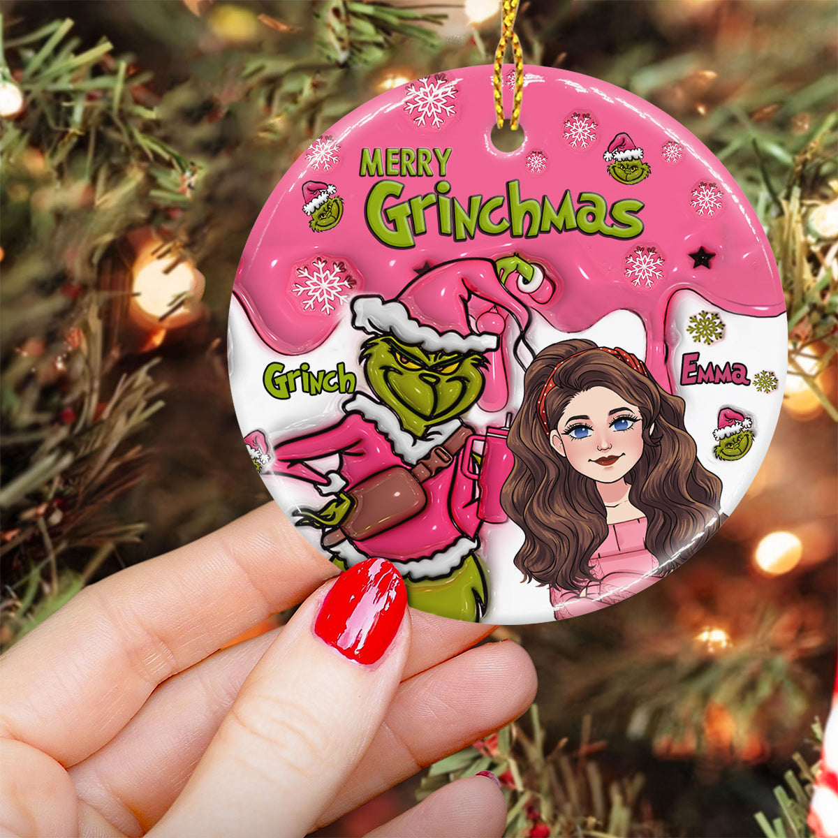 Fröhliche Grinchmas – Personalisierter Stola-Weihnachtsschmuck aus Keramik (Kreis)
