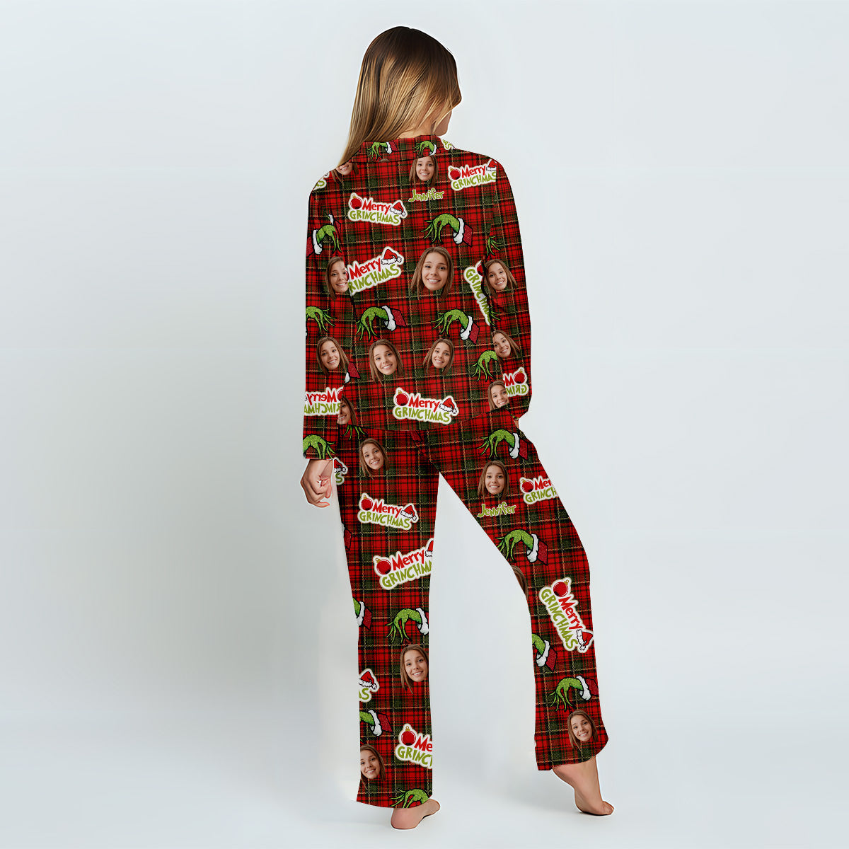 Fröhliche Grinchmas - Personalisierter Weihnachtspyjama mit Stola und Knopfleiste