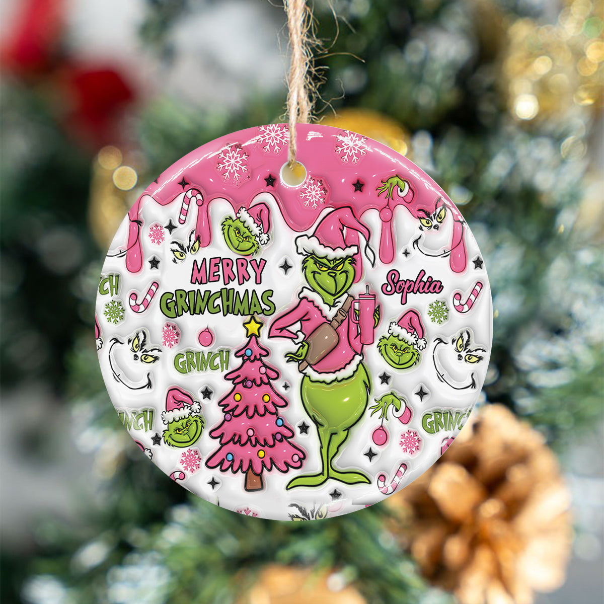 Merry Grinchmas - Personalized Stole Christmas Ceramic Circle Ornament