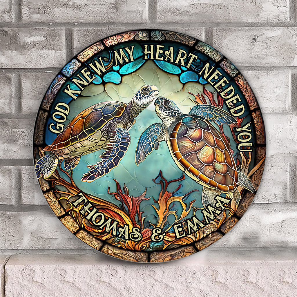 Schildkrötenpaar aus Buntglas – Schildkrötengeschenk für Ehemann, Ehefrau, Freund, Freundin – Personalisiertes rundes Holzschild