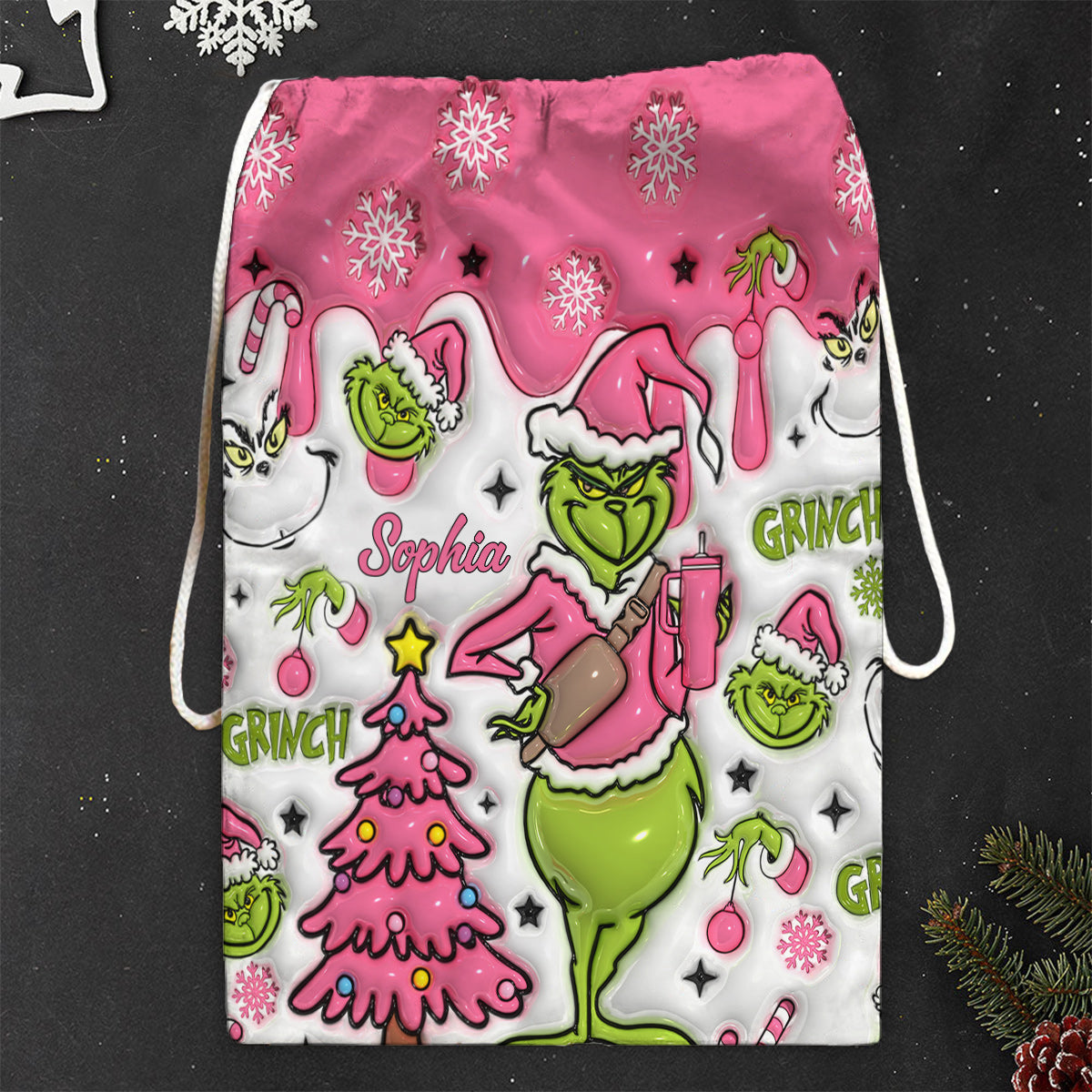 Fröhliche Grinchmas - Personalisierte Stola-Weihnachtstasche mit Kordelzug