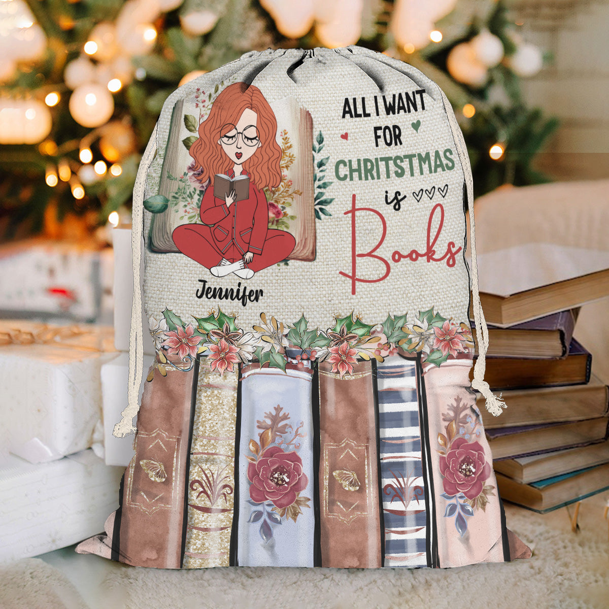 All I Want For Christmas Is Books - Personalized Book Drawstring Tote Bag
