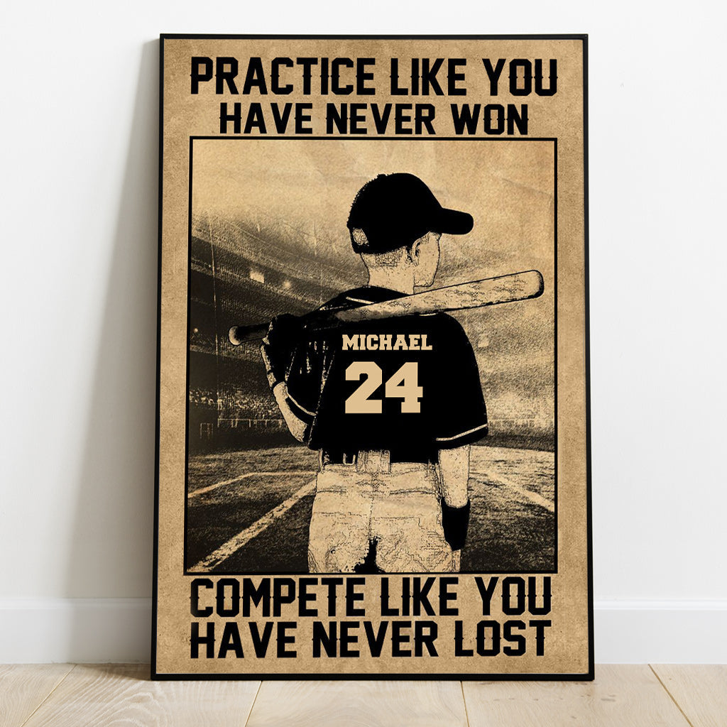 Übe, als hättest du noch nie gewonnen – Personalisierte Baseball-Leinwand und Poster