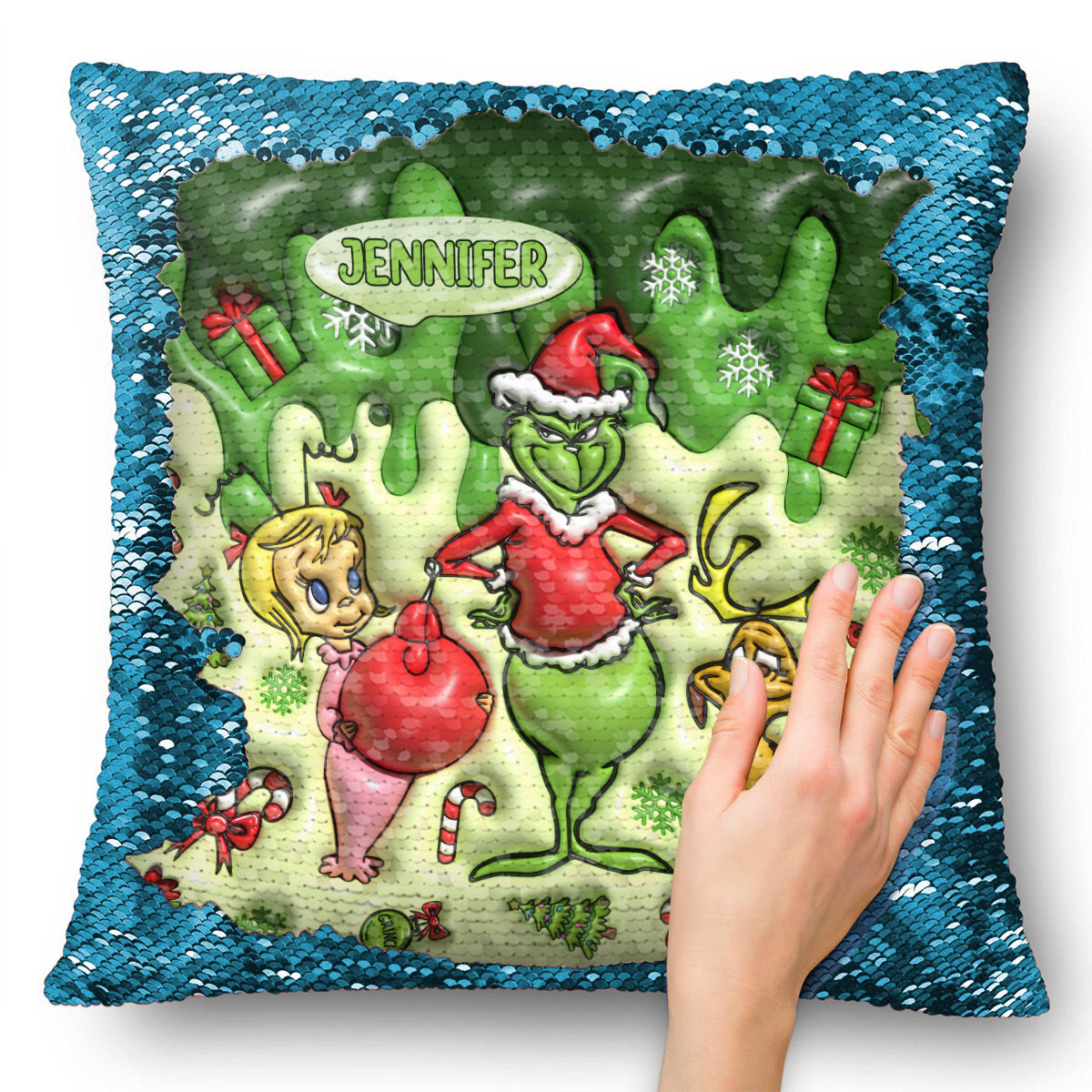 Merrry Christmas Green Mischief - Personalized Stole Christmas Sequin Pillow Cover