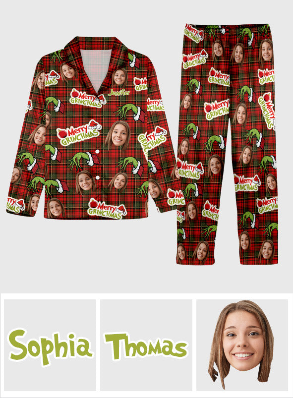 Fröhliche Grinchmas - Personalisierter Weihnachtspyjama mit Stola und Knopfleiste