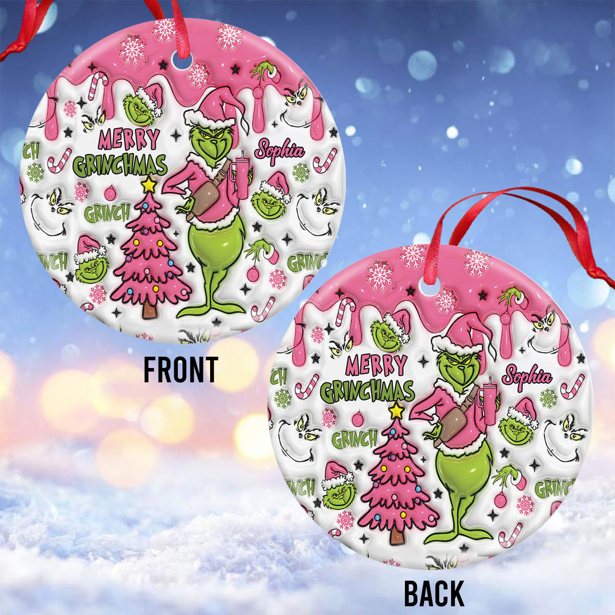 Merry Grinchmas - Personalized Stole Christmas Ceramic Circle Ornament