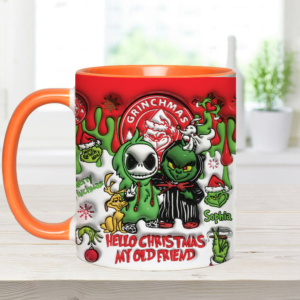 Hallo Weihnachten, mein alter Freund – personalisierte Tasse mit Weihnachtsstolen-Motiv