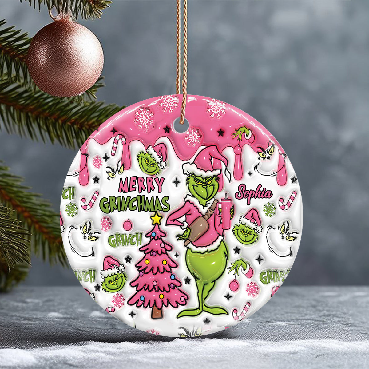 Merry Grinchmas - Personalized Stole Christmas Ceramic Circle Ornament