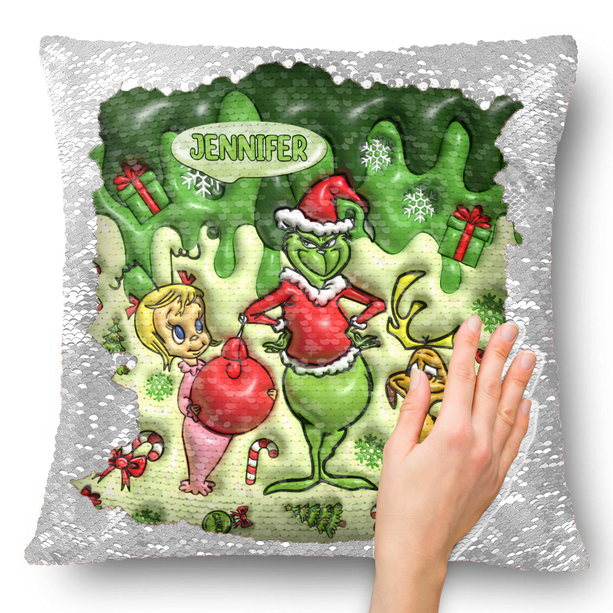 Merrry Christmas Green Mischief - Personalized Stole Christmas Sequin Pillow Cover