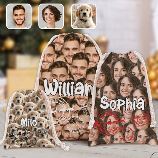 Weihnachtssonderlieferung mit niedlichen Gesichtern – personalisierte Familien-Weihnachtstasche