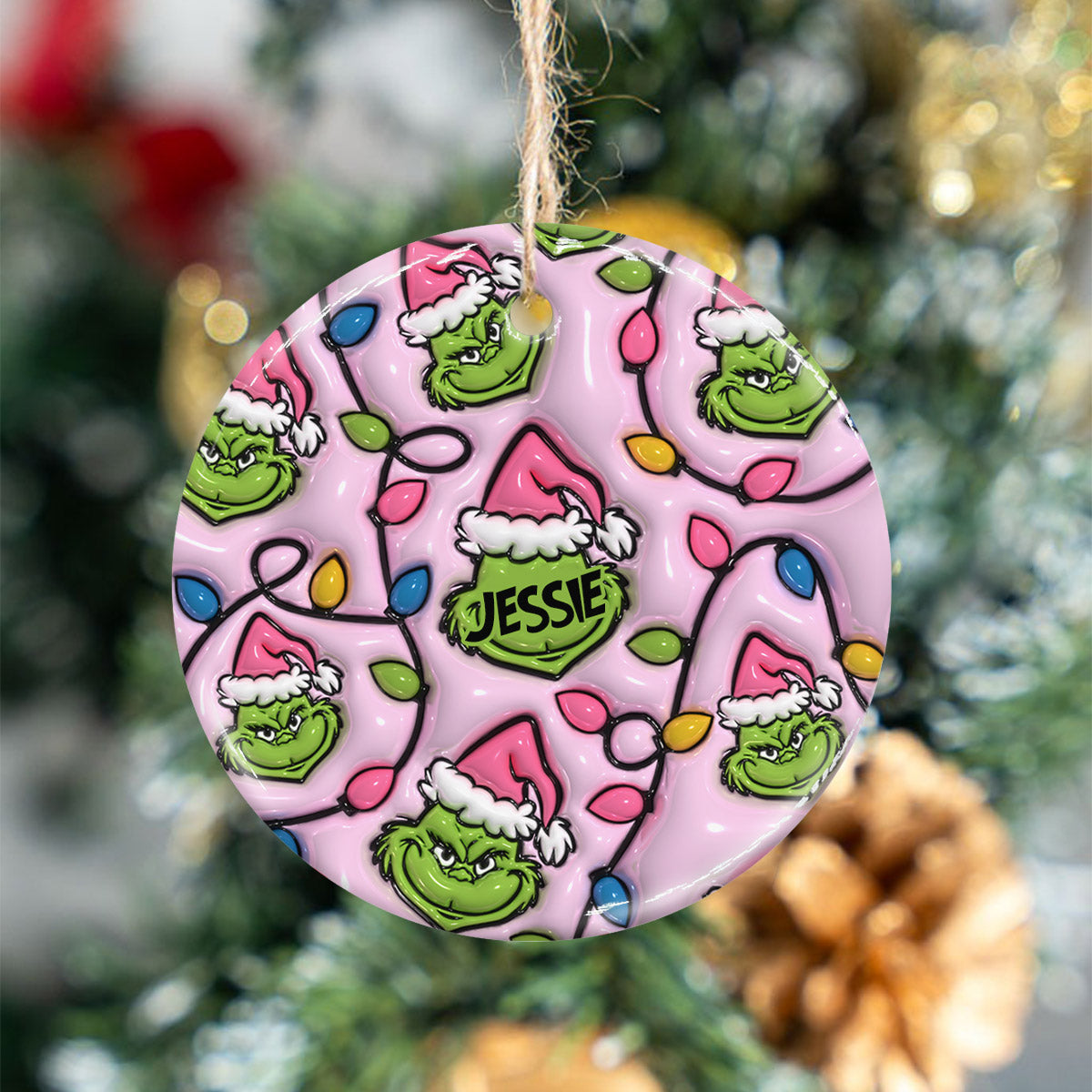 Green & Pink - Personalized Stole Christmas Ceramic Circle Ornament