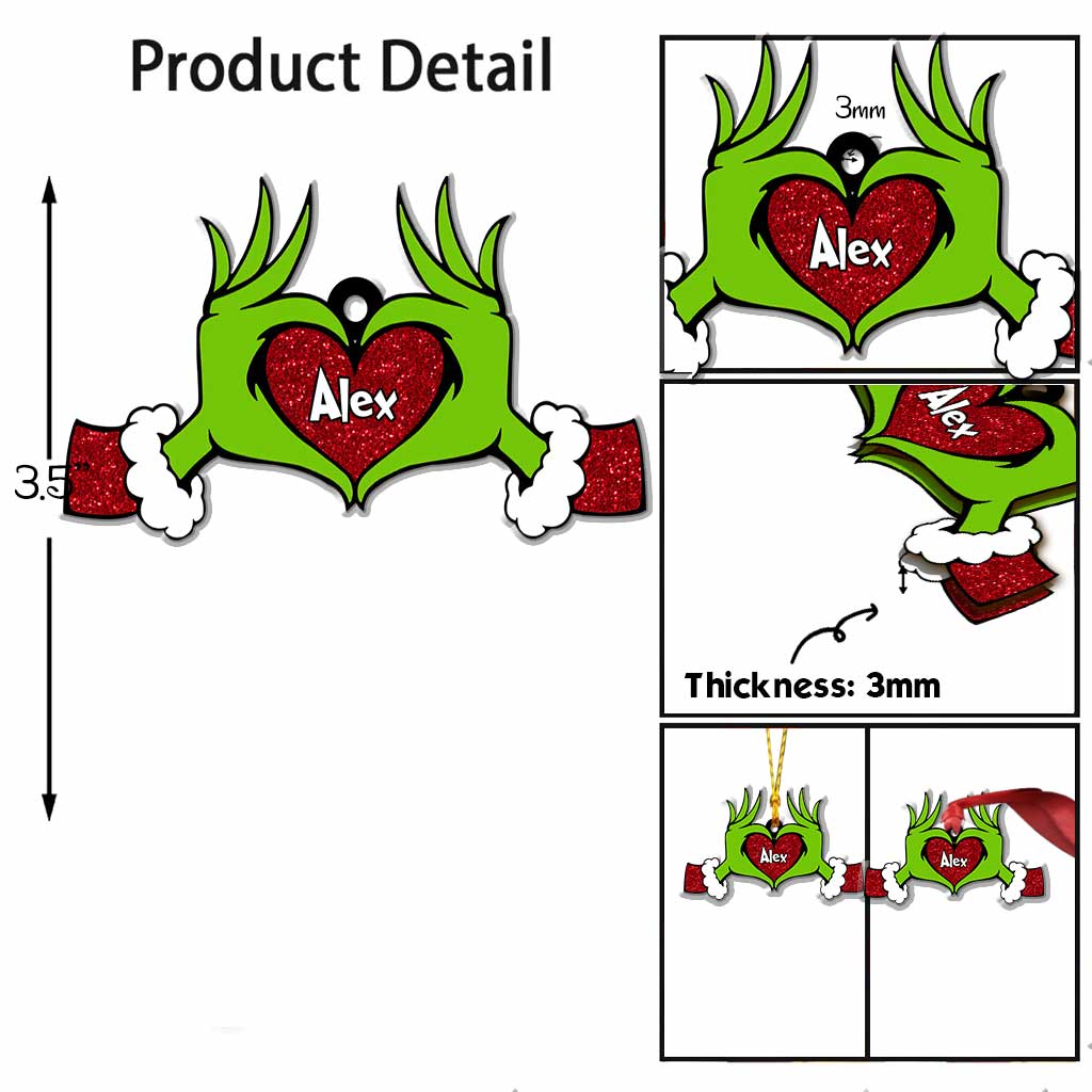 Green Heart Hand - Personalized Christmas Stole Christmas Ornament With Faux Glitter Pattern Printed (Printed On Both Sides)