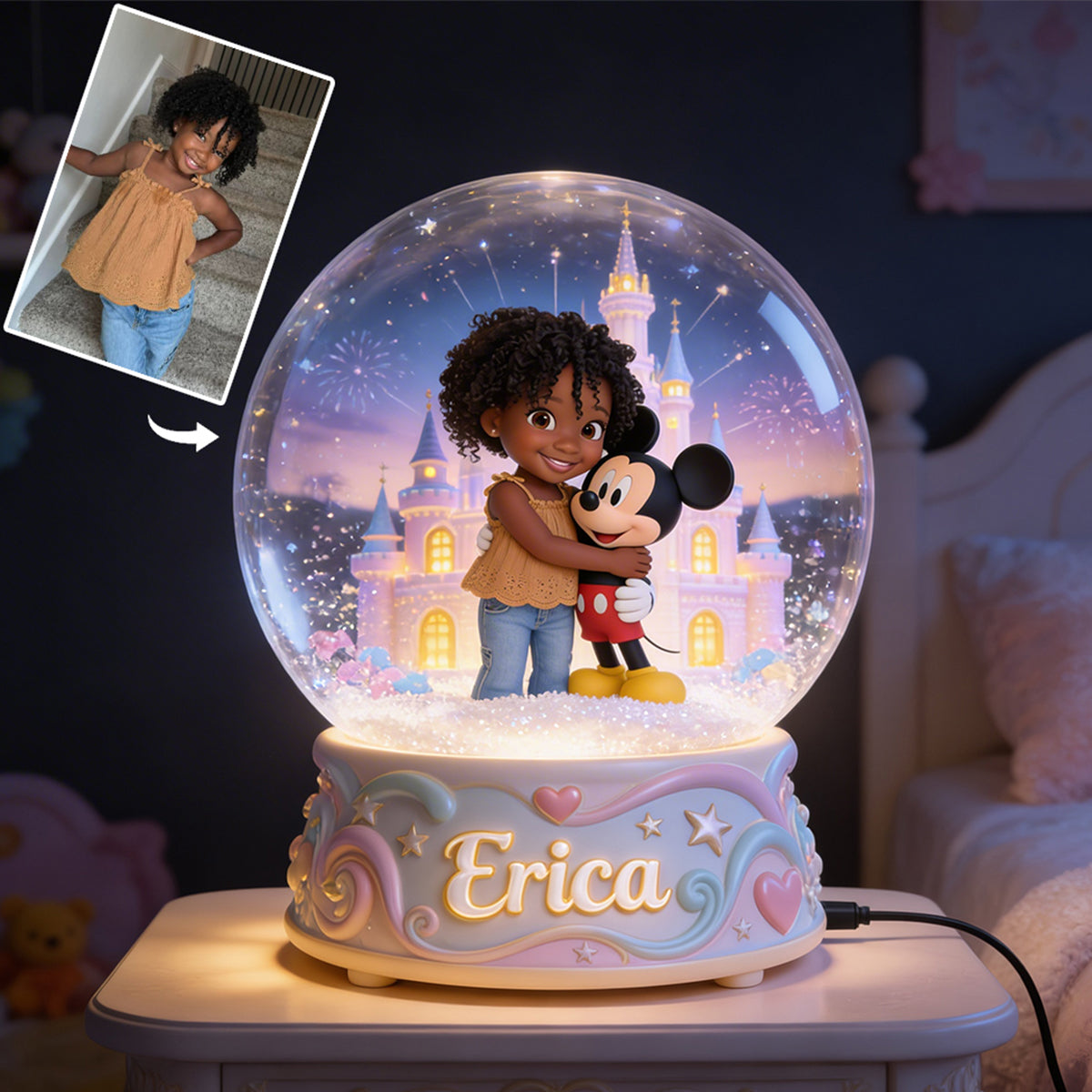 Custom Any Photo Magical Friends - Personalized Little Girl with Ponytail and Pink Bow Acrylic LED Night Light