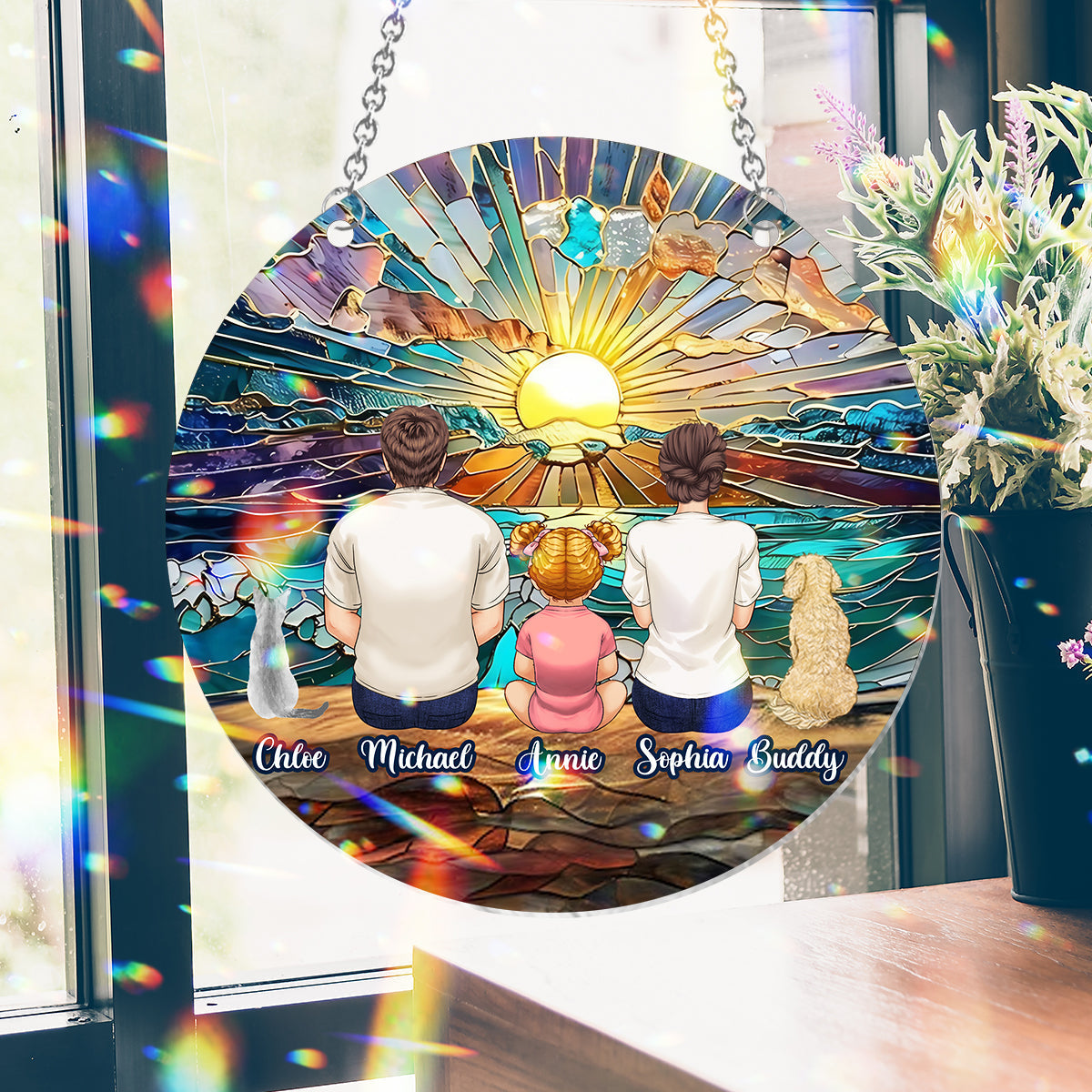 Glückliches Paar genießt romantischen Strand – Personalisierter Familien-Fensterhänger-Sonnenfänger 