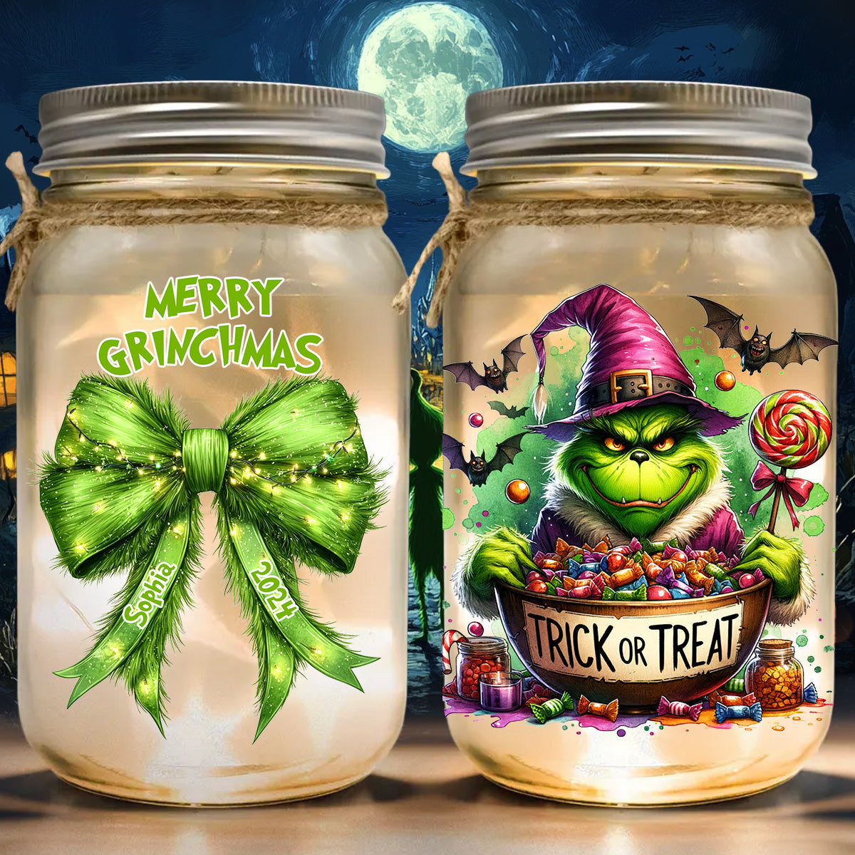 Heute besonders grinchig drauf - Personalisierte Stola-Weihnachtsbeleuchtung im Einmachglas