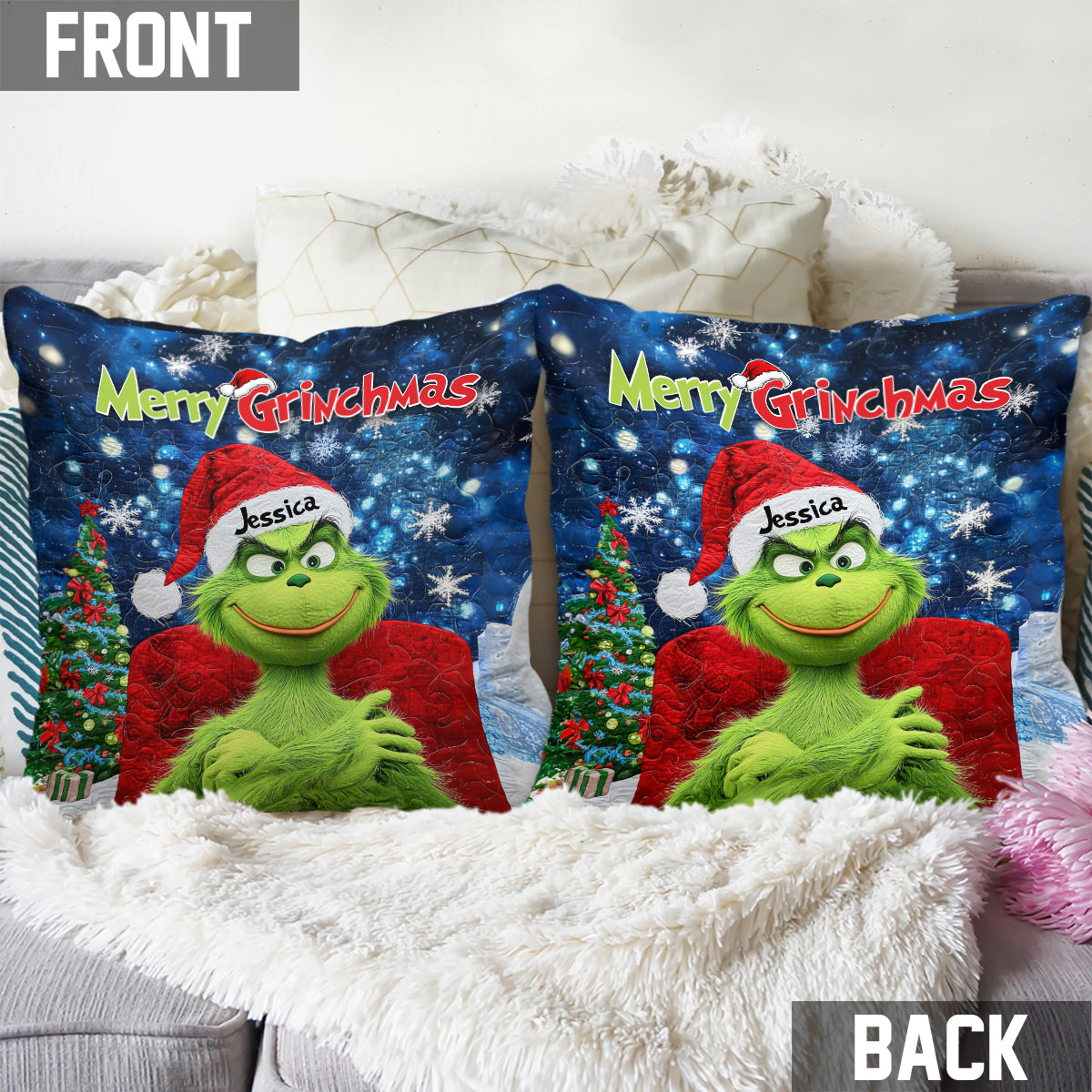Fröhliche Grinchmas - Personalisiertes Kissen mit Stola-Weihnachtsmotiv