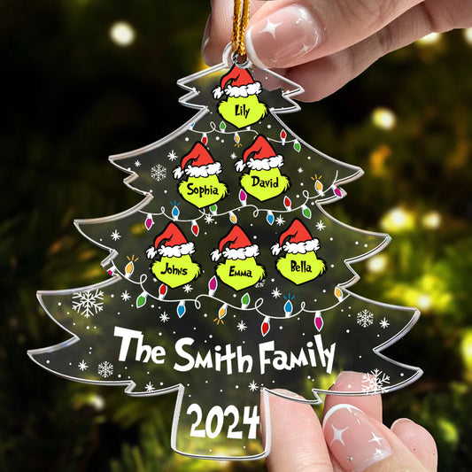 Grinch-Familie – Personalisierte Stola, transparenter Weihnachtsschmuck