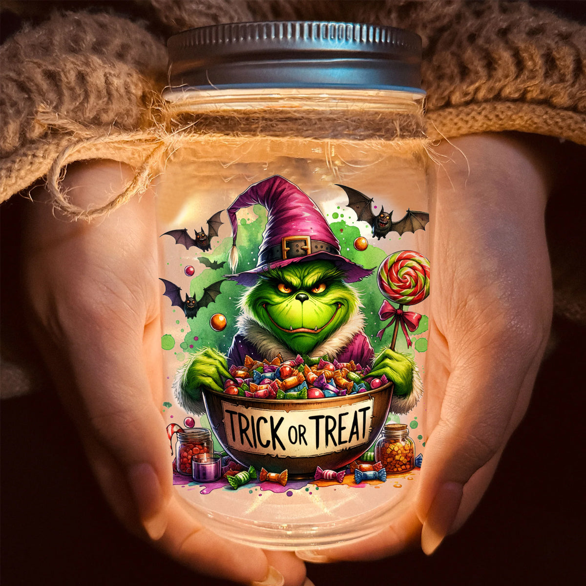 Heute besonders grinchig drauf - Personalisierte Stola-Weihnachtsbeleuchtung im Einmachglas