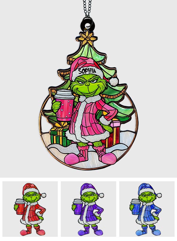 Grinchy Green Lady – Personalisierte Stola, Weihnachtsfenster-Sonnenfänger-Ornament 