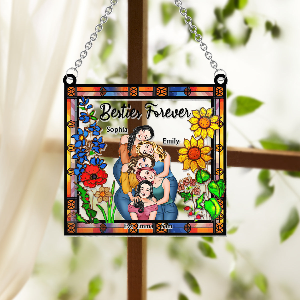 Besties Forever Floral Style - Personalisierter Bestie-Fensterhänger-Sonnenfänger 