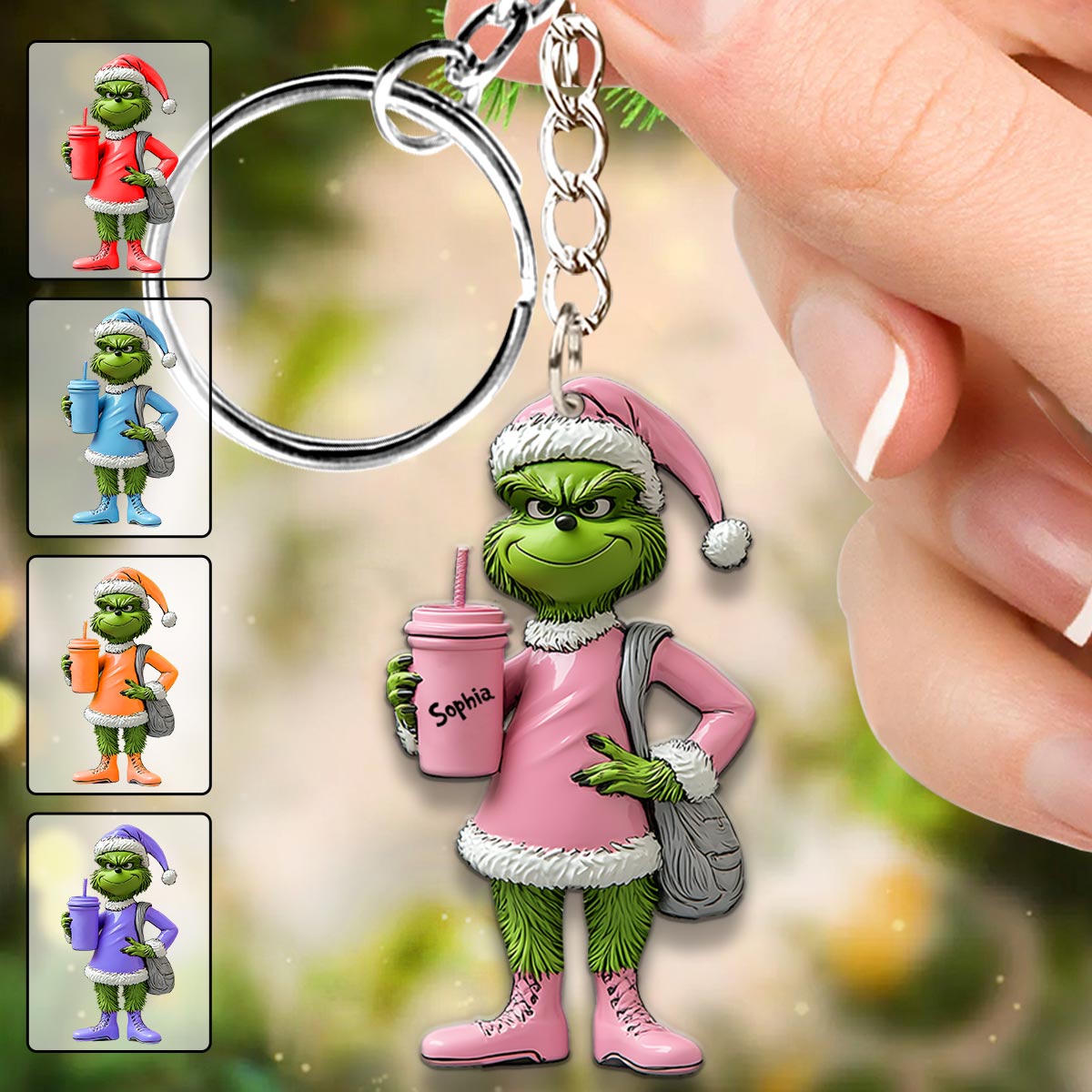 Grinchy Green Lady – Personalisierter Weihnachtsstola-Schlüsselanhänger