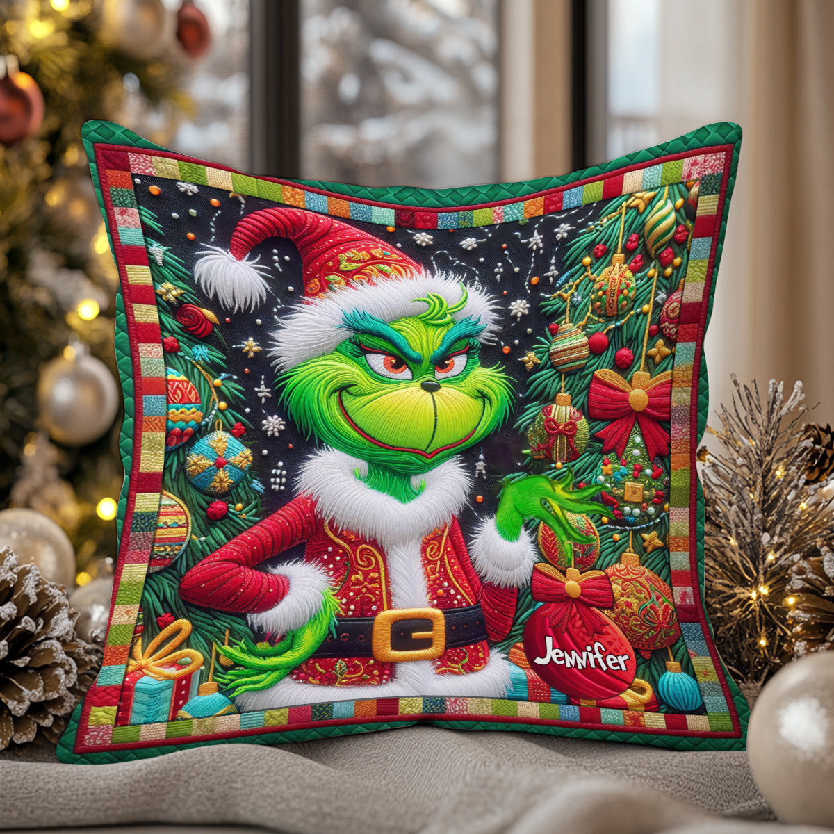 Joyeux Grinchmas - Coussin décoratif de Noël personnalisé avec étole