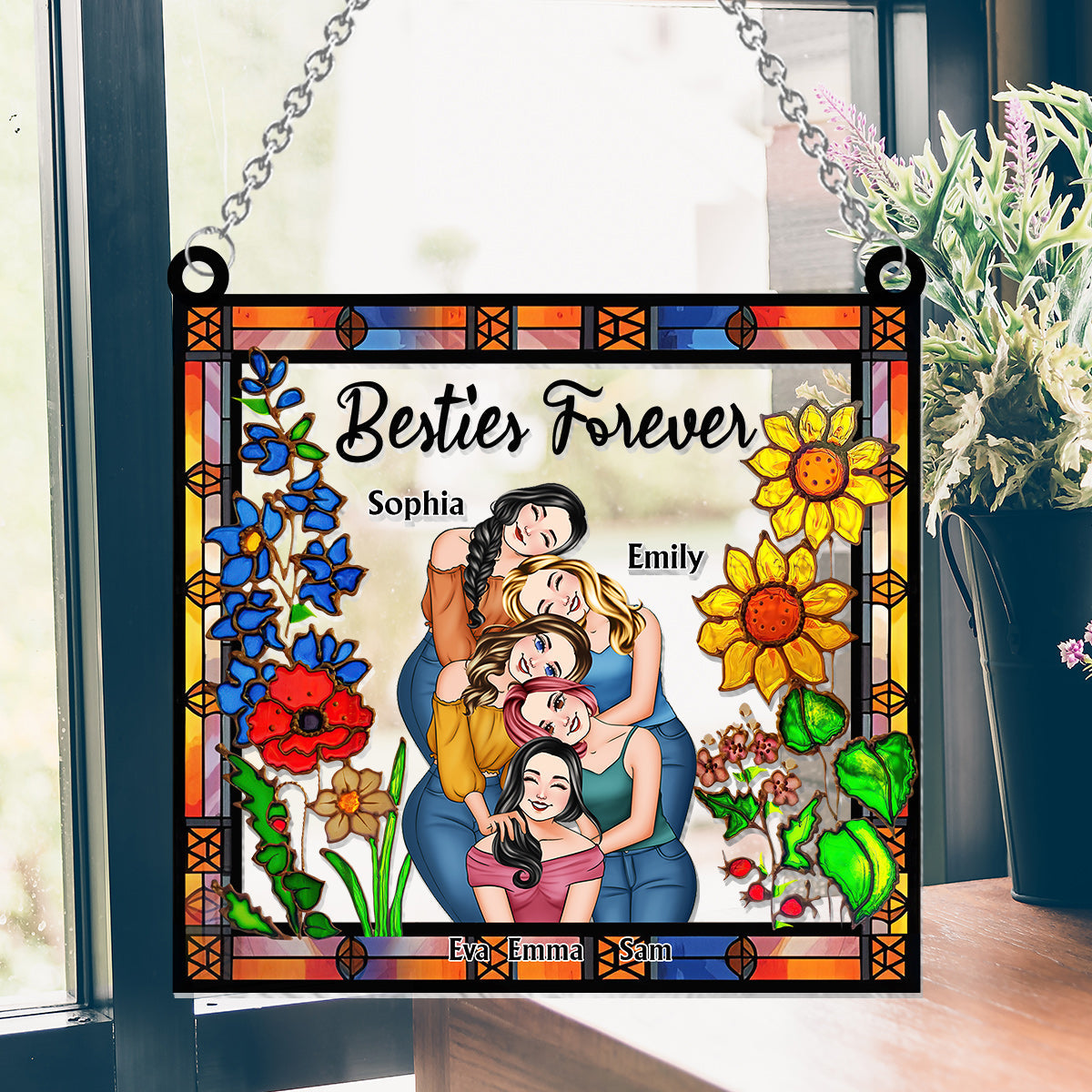 Besties Forever Floral Style - Personalisierter Bestie-Fensterhänger-Sonnenfänger 