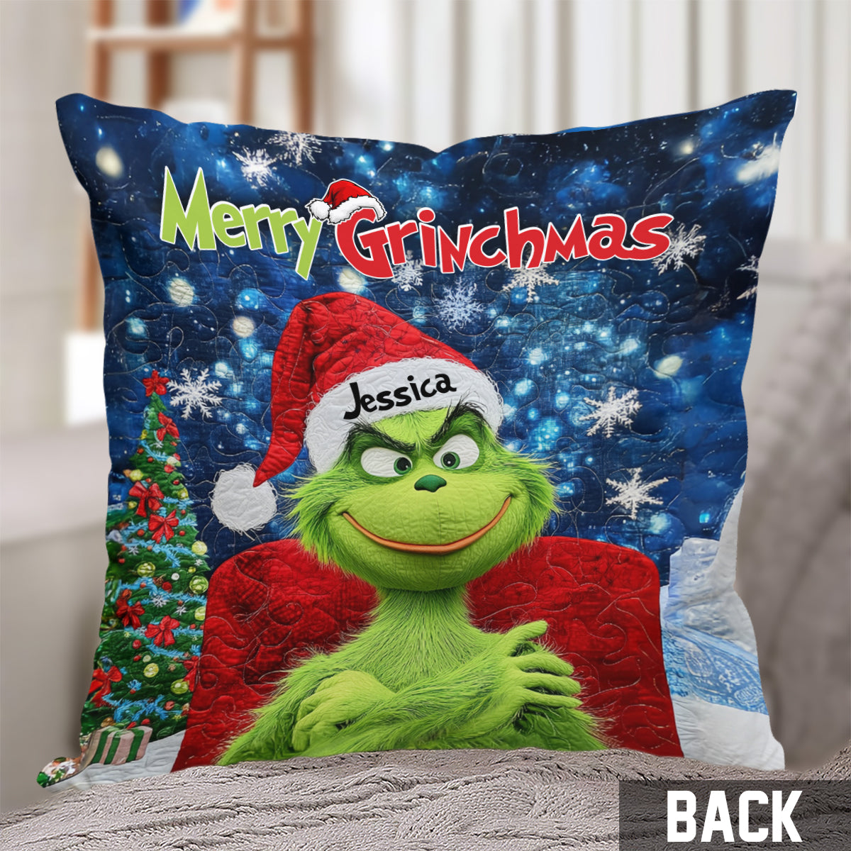 Fröhliche Grinchmas - Personalisiertes Kissen mit Stola-Weihnachtsmotiv