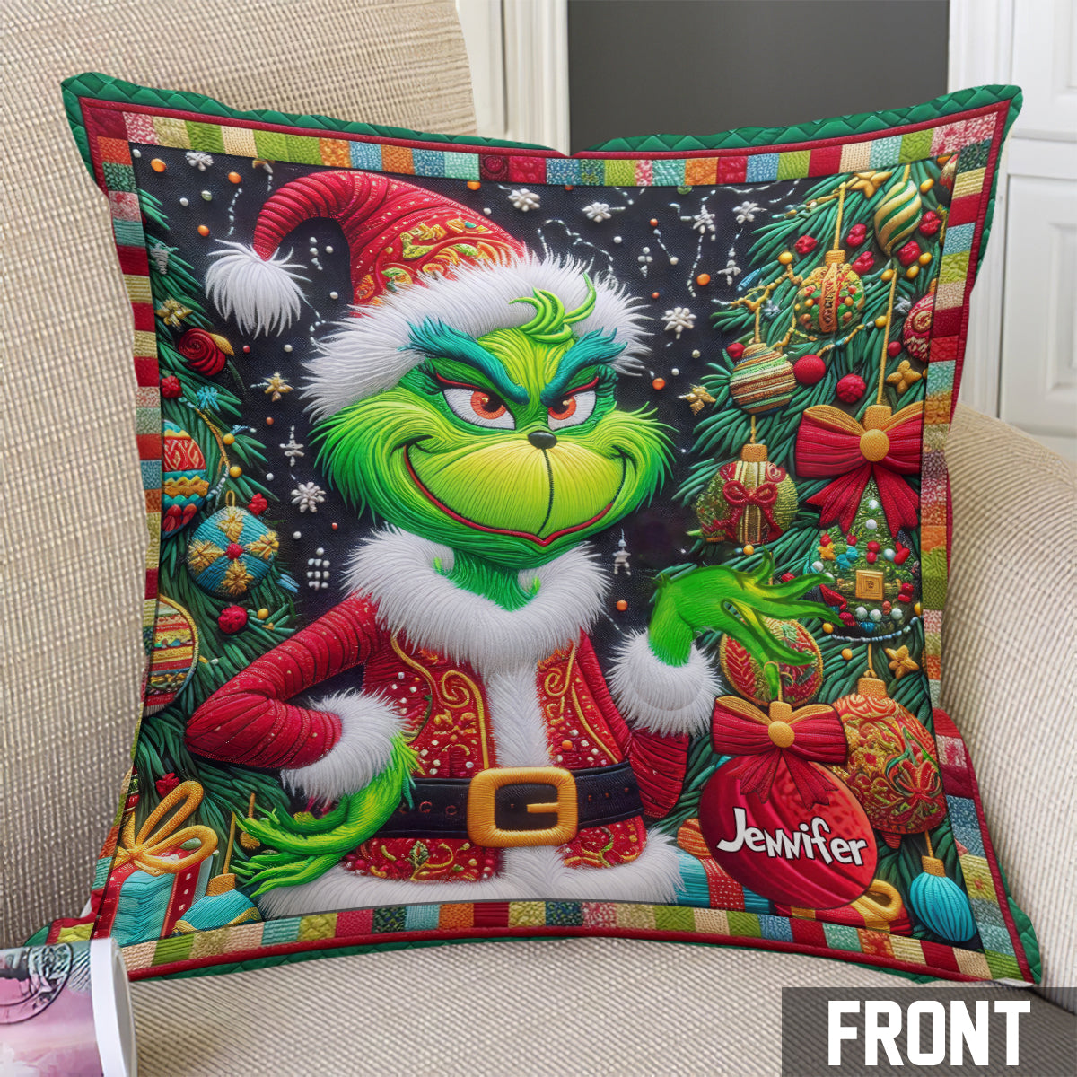 Joyeux Grinchmas - Coussin décoratif de Noël personnalisé avec étole