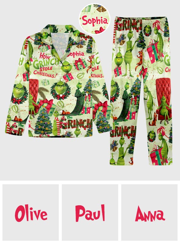 Grüne Weihnachten - Personalisierter Weihnachtspyjama mit Stola und Knopfleiste