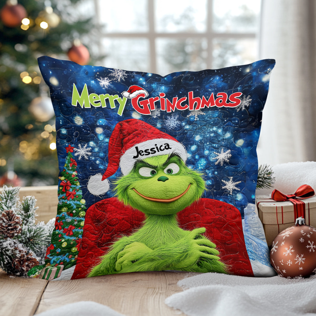 Fröhliche Grinchmas - Personalisiertes Kissen mit Stola-Weihnachtsmotiv