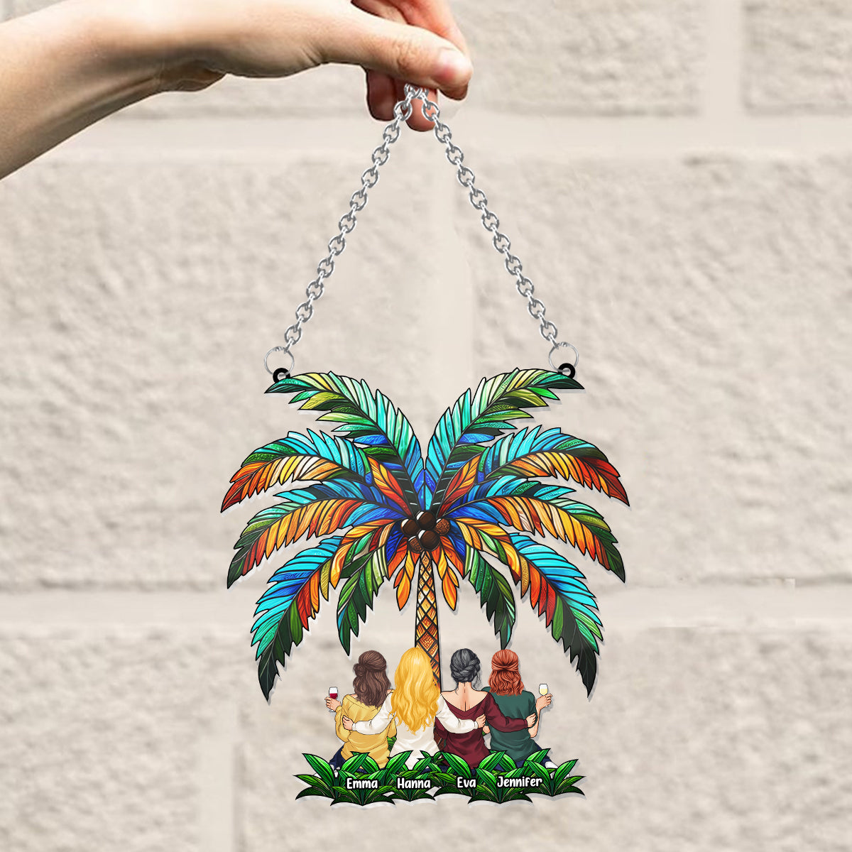 Beste Freundinnen unter der Palme – Personalisierter Fensterhänger mit Sonnenfänger-Dekoration für beste Freundinnen 