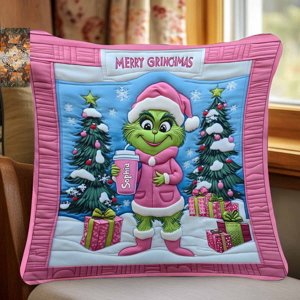 Coussin décoratif de Noël personnalisé Grinchy Green Lady - Étole