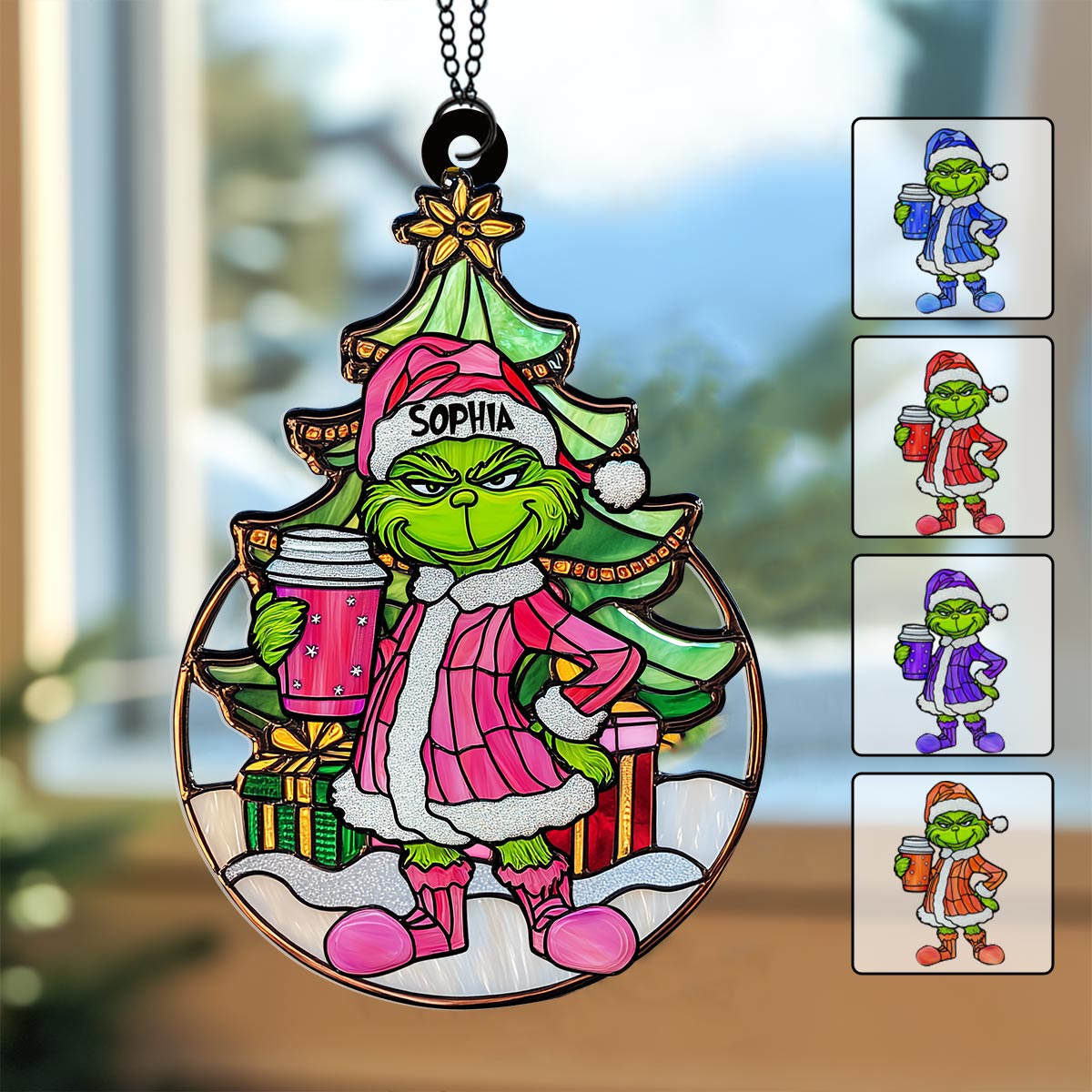 Grinchy Green Lady – Personalisierte Stola, Weihnachtsfenster-Sonnenfänger-Ornament 