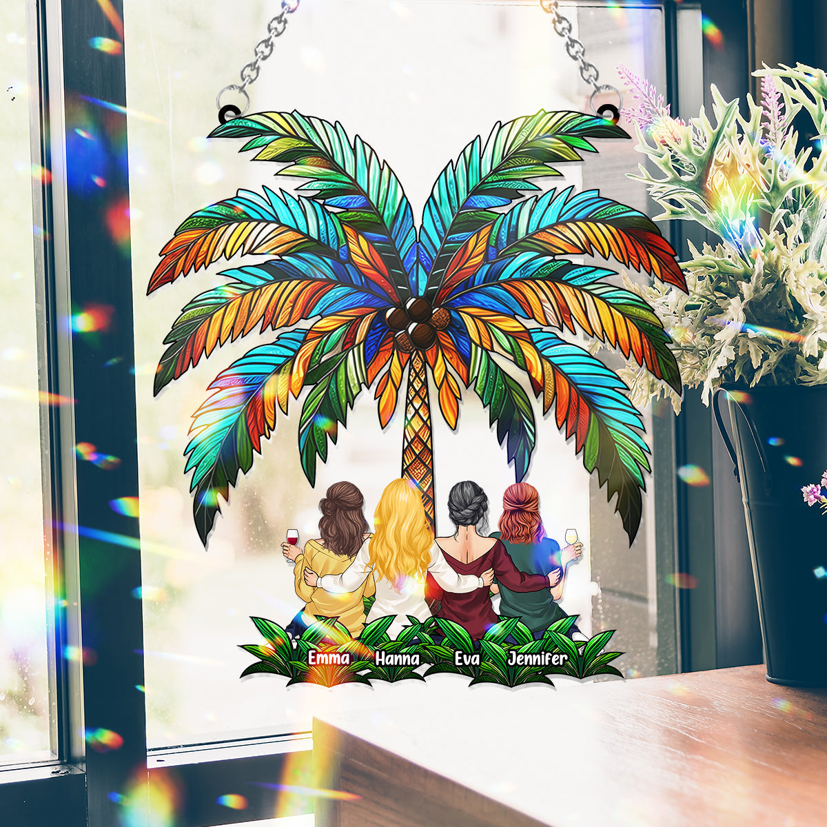 Beste Freundinnen unter der Palme – Personalisierter Fensterhänger mit Sonnenfänger-Dekoration für beste Freundinnen 