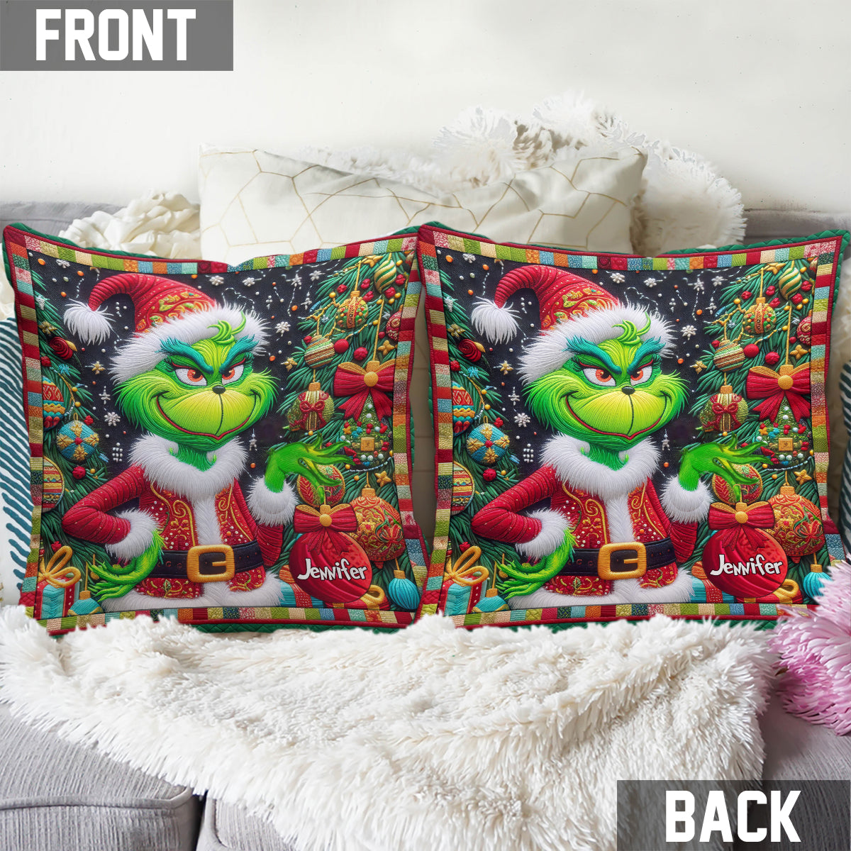Joyeux Grinchmas - Coussin décoratif de Noël personnalisé avec étole