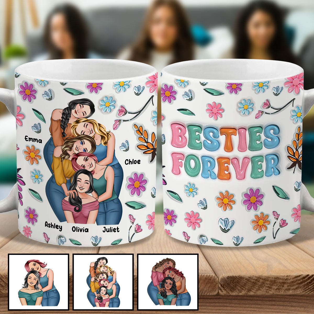 Für immer beste Freundinnen – Personalisierte Tasse im Blumen-Design