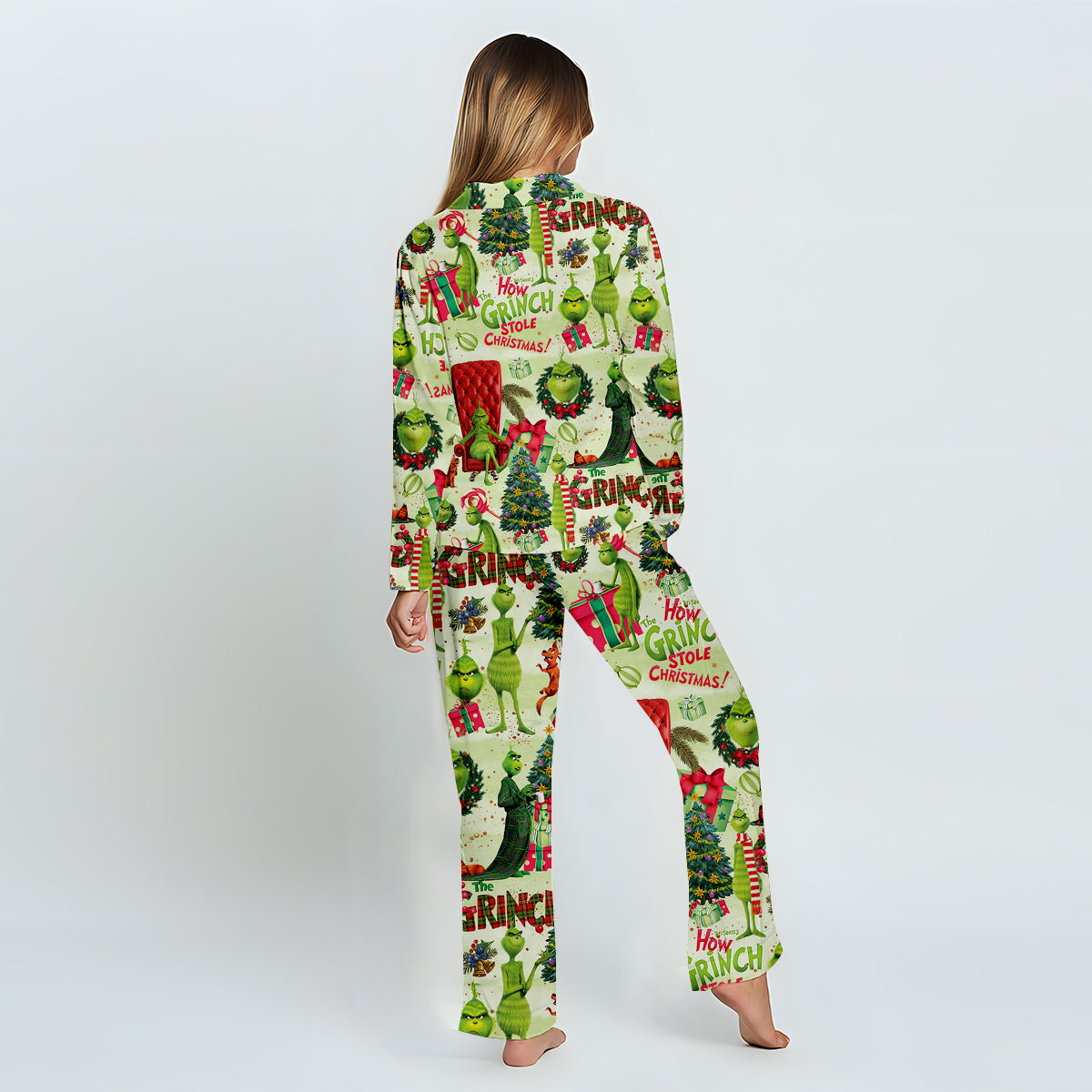 Grüne Weihnachten - Personalisierter Weihnachtspyjama mit Stola und Knopfleiste