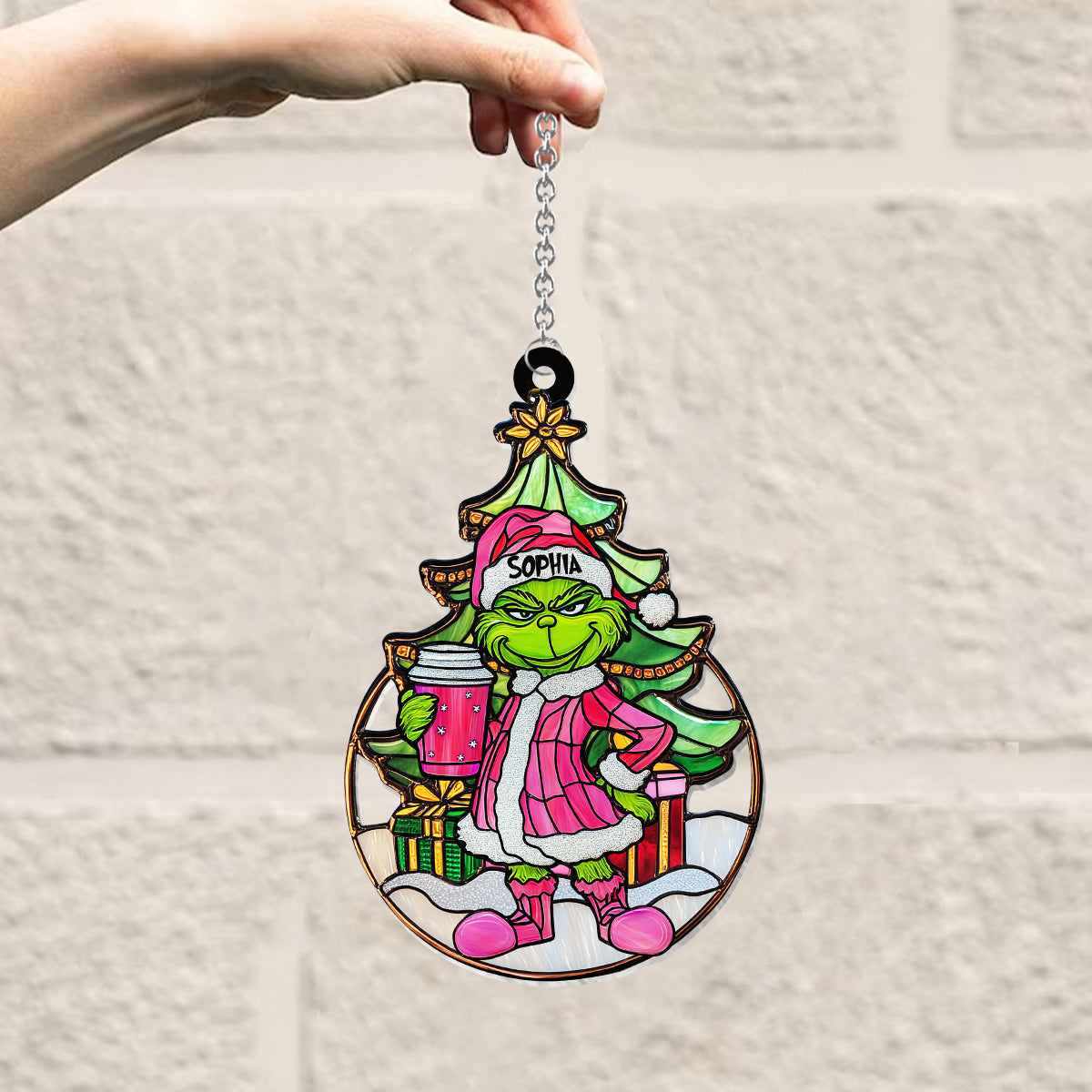 Grinchy Green Lady – Personalisierte Stola, Weihnachtsfenster-Sonnenfänger-Ornament 