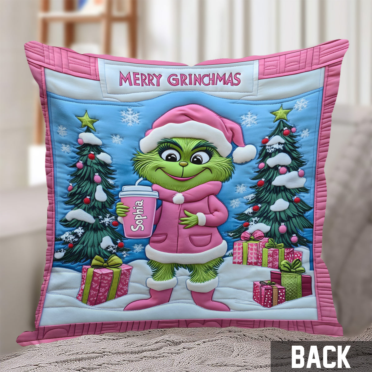 Coussin décoratif de Noël personnalisé Grinchy Green Lady - Étole