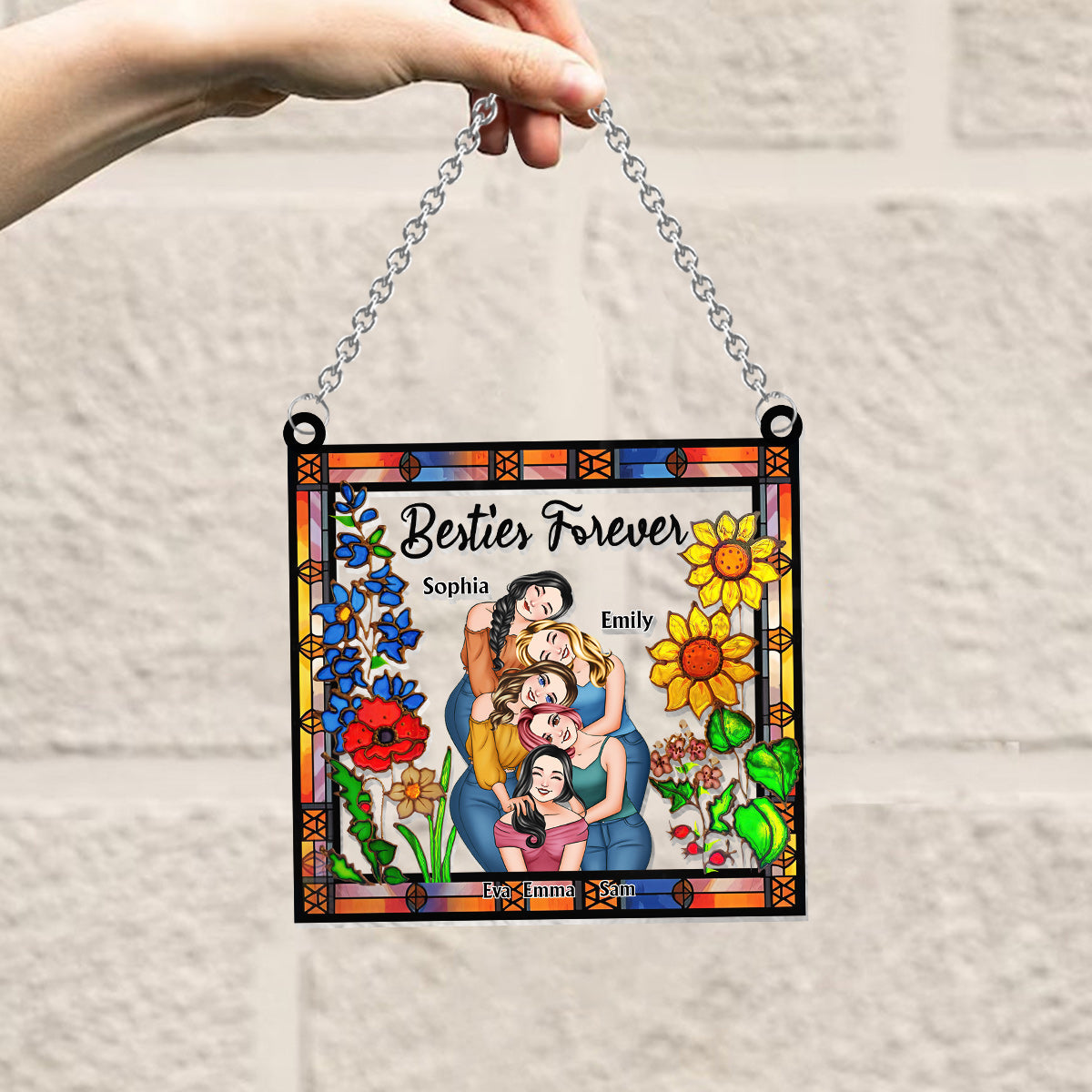 Besties Forever Floral Style - Personalisierter Bestie-Fensterhänger-Sonnenfänger 