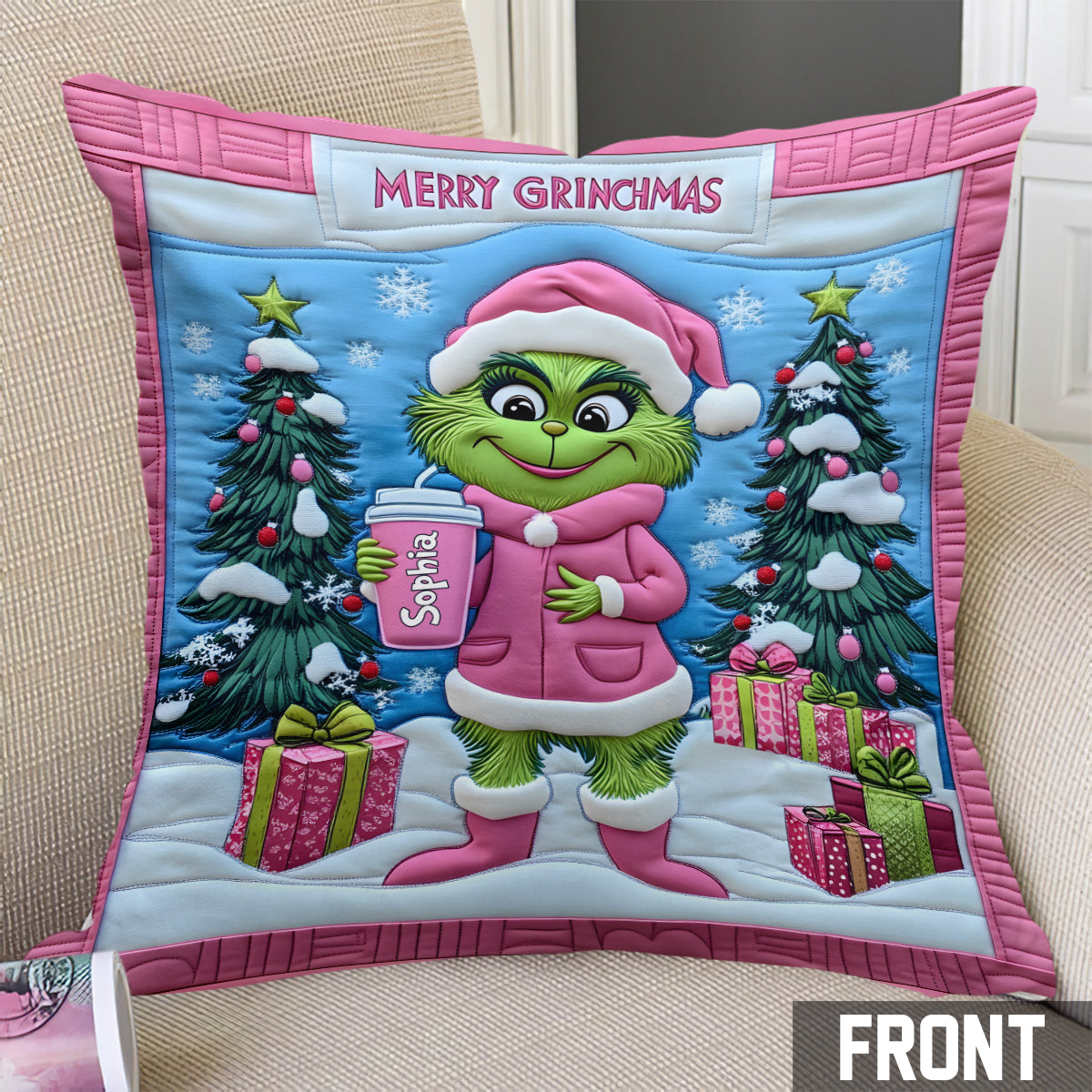 Coussin décoratif de Noël personnalisé Grinchy Green Lady - Étole