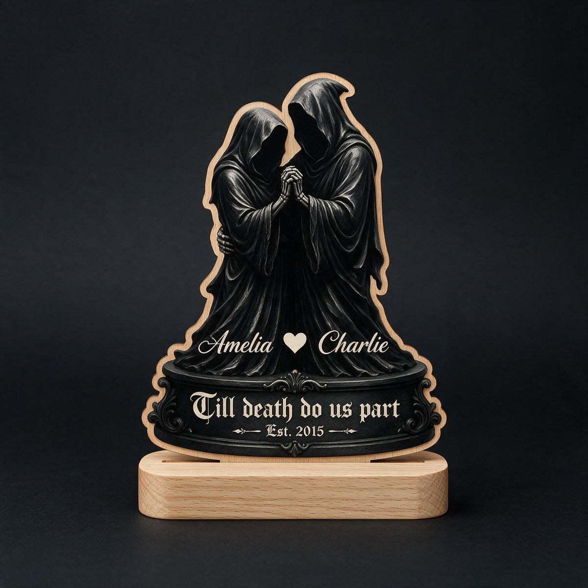 Personalized Grim Reaper Couple 2-Layer Wooden Plaque - Till Death Gothic Halloween Anniversary Gift for Dark Romance Fans